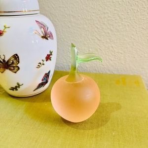 Vintage Crowning Touch Frosted Glass Apple Paperweight Peach Pink Green Stem EUC